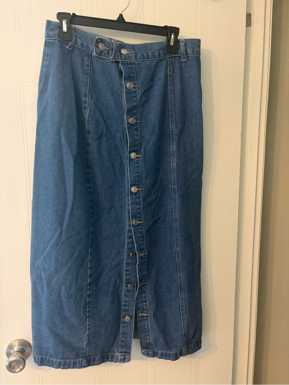 Classic Blue Denim Midi Skirt - Women's Casual A-Line